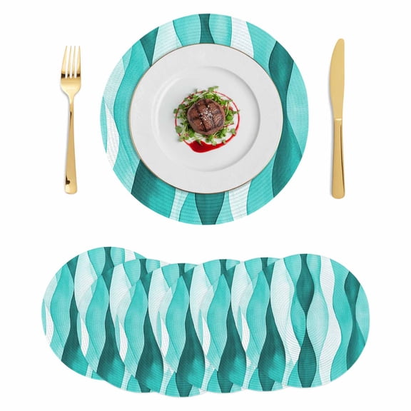 Turquoise Stripes Round 13 Inch Placemats Set of 6, Vintage Farmhouse Ripple Texture Art HeatResistant Non Slip Place Mats for Dining Table, Wipeable Braided Kitchen Table Mats for Housewarming