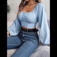 thumbnail image 4 of Blusa Corta con Volantes, Cuello Cuadrado y Fruncido para Mujer, Larga y Lazo Anudado Azul M, 4 of 10