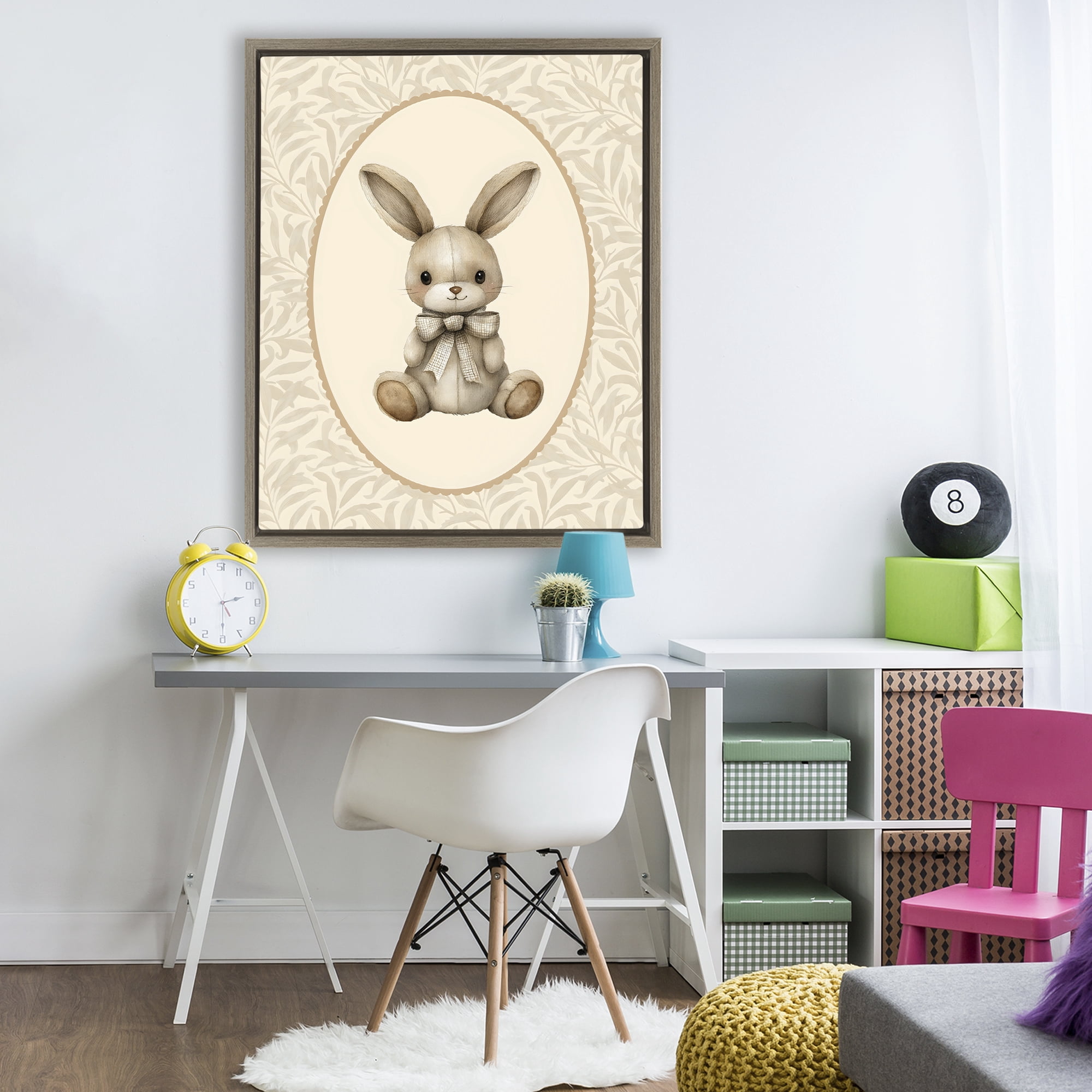 Stupell Industries Neutral Bunny in Oval Border Brown Framed Floater Canvas Wall Art, design by LSR Design Studio