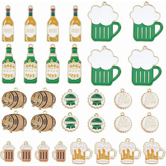 32pcs Beer Charms 8 Styles Alloy Enamel Pendants Mini Beer Bottle Cup Charms Oktoberfest Charm Beer Theme Charms for DIY Necklace Earring Bracelets Keychain Dangle Decoration Golden