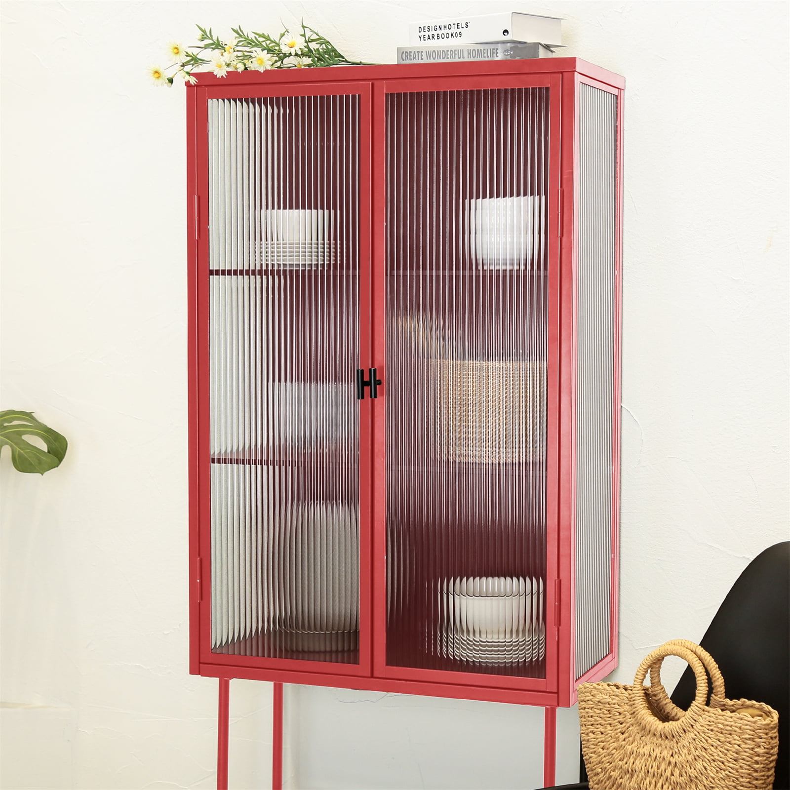 Retro Fluted Glass Storage Tall Freestanding Display Cupboard