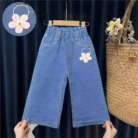 MKOSPLRT 2-8 Years Toddler Girl Baggy Wide Leg Jeans Elastic Waist Casual Straight Leg Jeans Solid Color Lightweight Denim Pants with Pocket