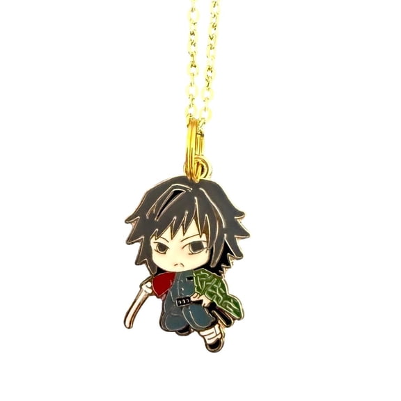 Demon Slayer Charm Pendant Anime Giyu Necklace Pendants, Goldtone, Includes Small Velvet Jewelry Bag, 1 Count