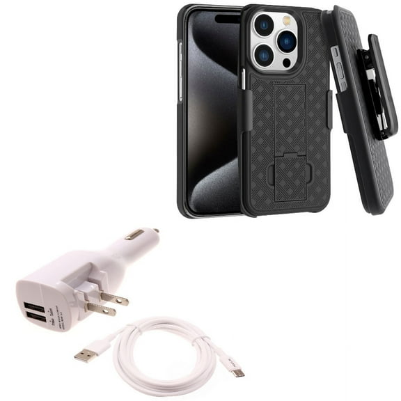 2-in-1 Car Home Charger & Case Belt Clip for iPhone 15 Pro Max - 6ft Long USB-C Cable TYPE-C Cord Travel Power Adapter Charging Wire and Holster Swivel Cover V1O for iPhone 15 Pro Max (6.7")