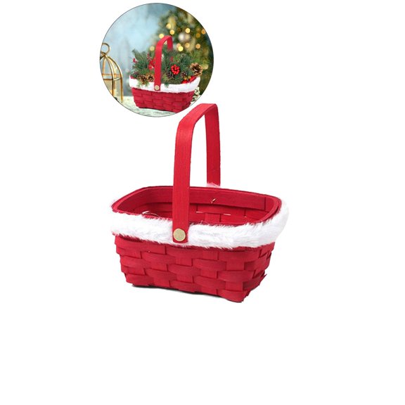 WNFJR Christmas Baskets for Gifts Empty Handmade Woven Gift Basket with Wooden Handle & Soft White Fur Edges Small Storage Container for Xmas Holiday Party Organizing Fruit