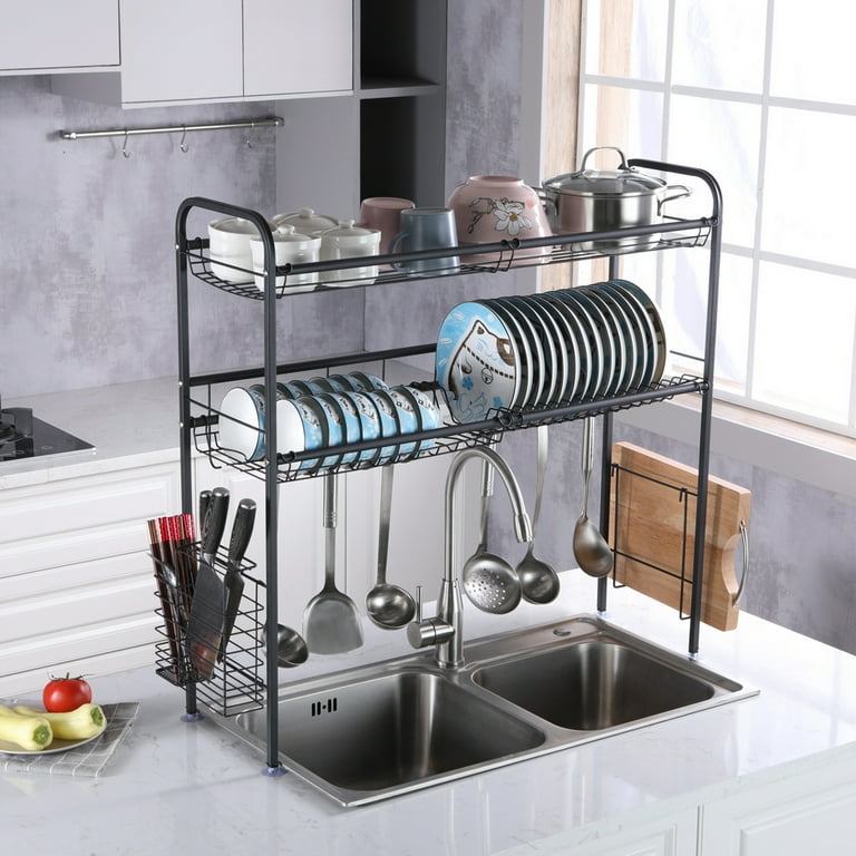  LIVOD Over The Sink Dish Drying Rack, 3-Tier Drying Drainer  Rack Over Sink Stainless Steel Adjustable (29.1''~37.4''), Multifunctional Dish  Rack Over Sink Organizer with Pots and Pans Rack (Silver)