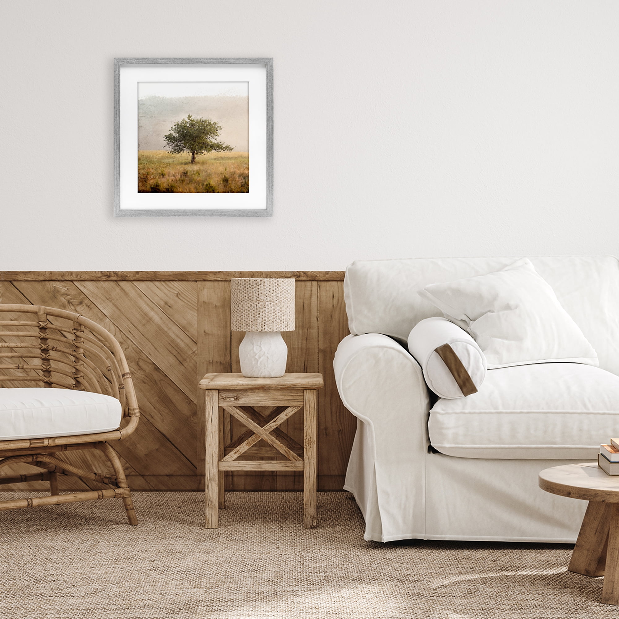 Stupell Industries Tree Alone in Golden Field Gray Framed Print Under Glass, design by Anne Bailey