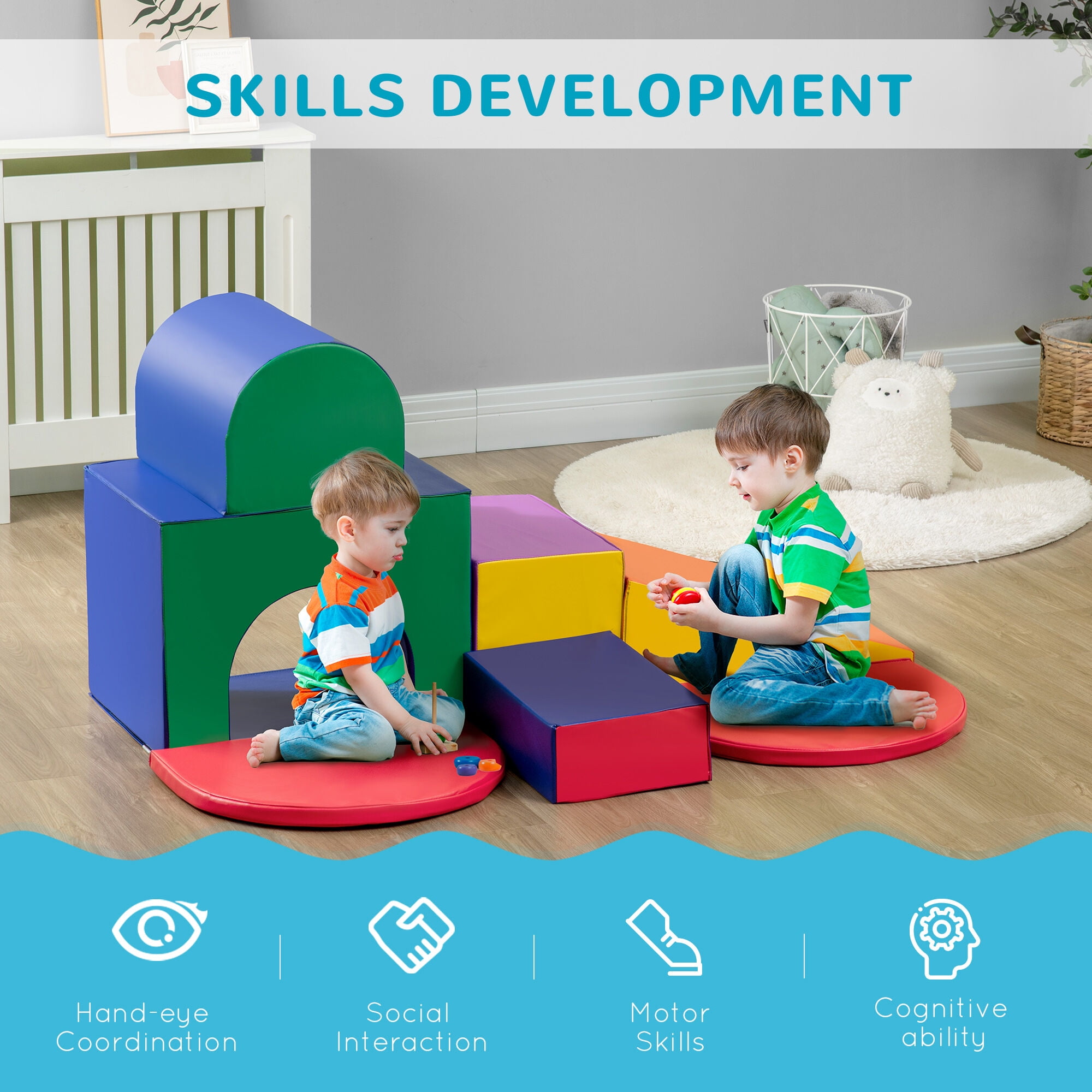 Soft Play Mat Qaba 7-Piece Baby Soft Play Equipment, Toddler Climber for Creativity and Shape Discovery, with Easy-to-Clean Surface, Climbing Toy for Toddlers, Multicolored,Baby Play Mat