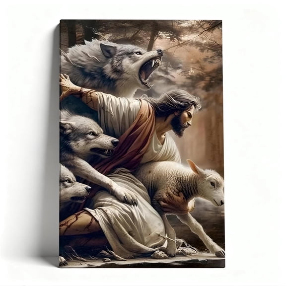 Jesus Protecting Lamb from Wolves Canvas Wall Art, Powerful Christian Faith Decor, Inspirational Religious Artwork for Home, Ready to Hang