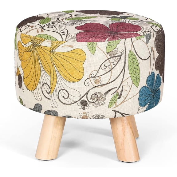 Modern Round Ottoman Foot Rest Stool/Seat with Linen Fabric and Non-Skid Wooden Legs(Colorful)