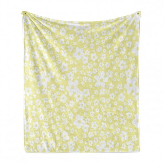 Floral Soft Flannel Fleece Throw Blanket, Graphic Daisy Blossoms Design on Yellow Background Spring Flowers Artwork, Cozy Plush for Indoor and Outdoor Use, 50" x 70", Yellow and White, by Ambesonne