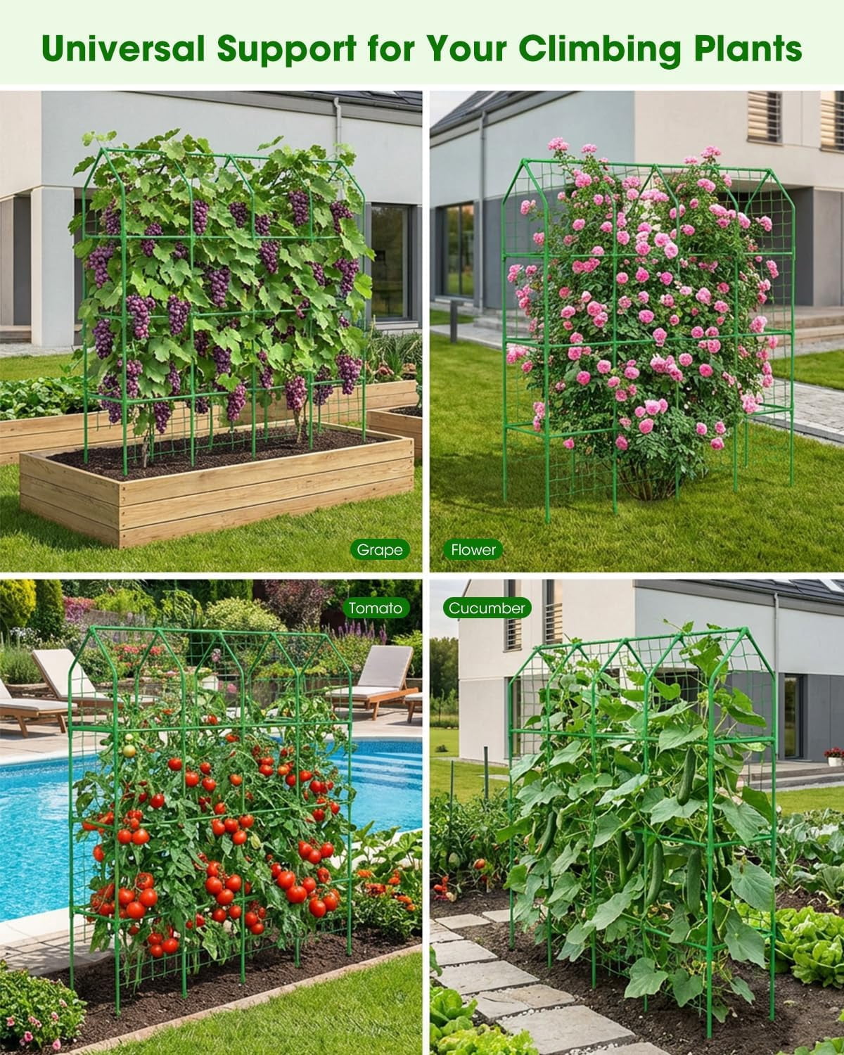 65" Cucumber Trellis for Climbing Plants Outdoor, Metal Garden Trellis for Raised Bed, Plant Support Structures with Netting for Cucumbers Tomatoes Beans Peas (67 * 17 * 65inch(L*W*H), Trellis)