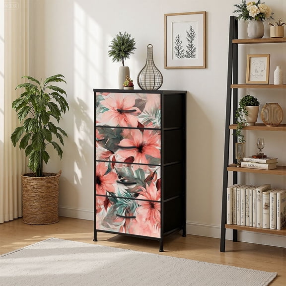 4 Drawer Vertical Storage Dresser Pastel pink watercolor tropical palm leaves flowers Exotic conceptual with Wood Top Fabric Pull Drawers