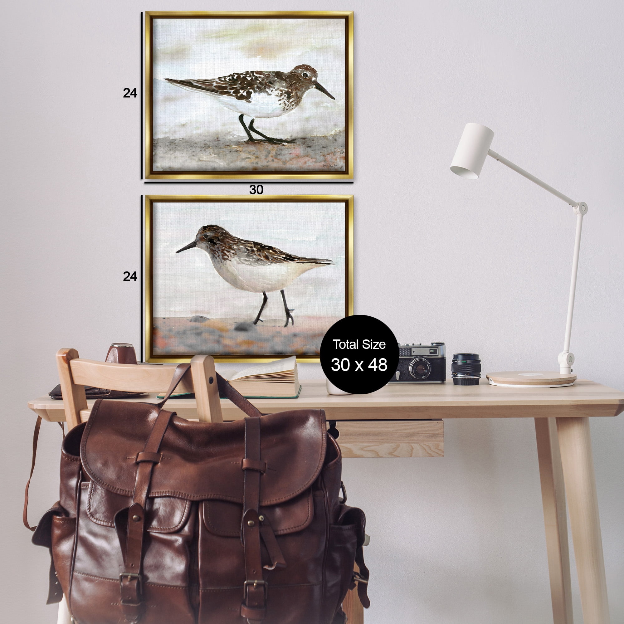 Stupell Industries Sandpipers on Coast Nautical Beach Animals & Insects Painting Gold Floater Framed Canvas Art Print Wall Art, 31 x 25, Set of 2
