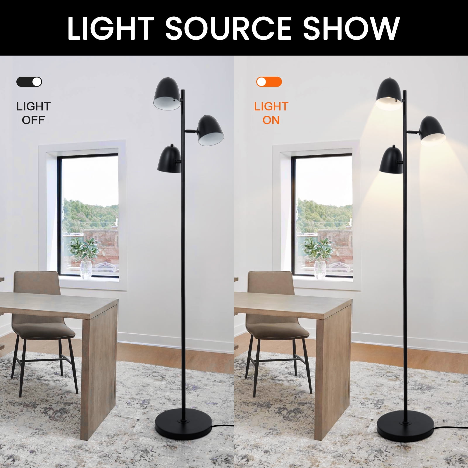 3-Head Black Floor Lamp, Duty Iron Floor Lighting with Arms, Modern Tripod Design for Living Room Bedroom, 15.7"W x 70.9"H with 11" Anti-Tip Base, GU10 Socket*1