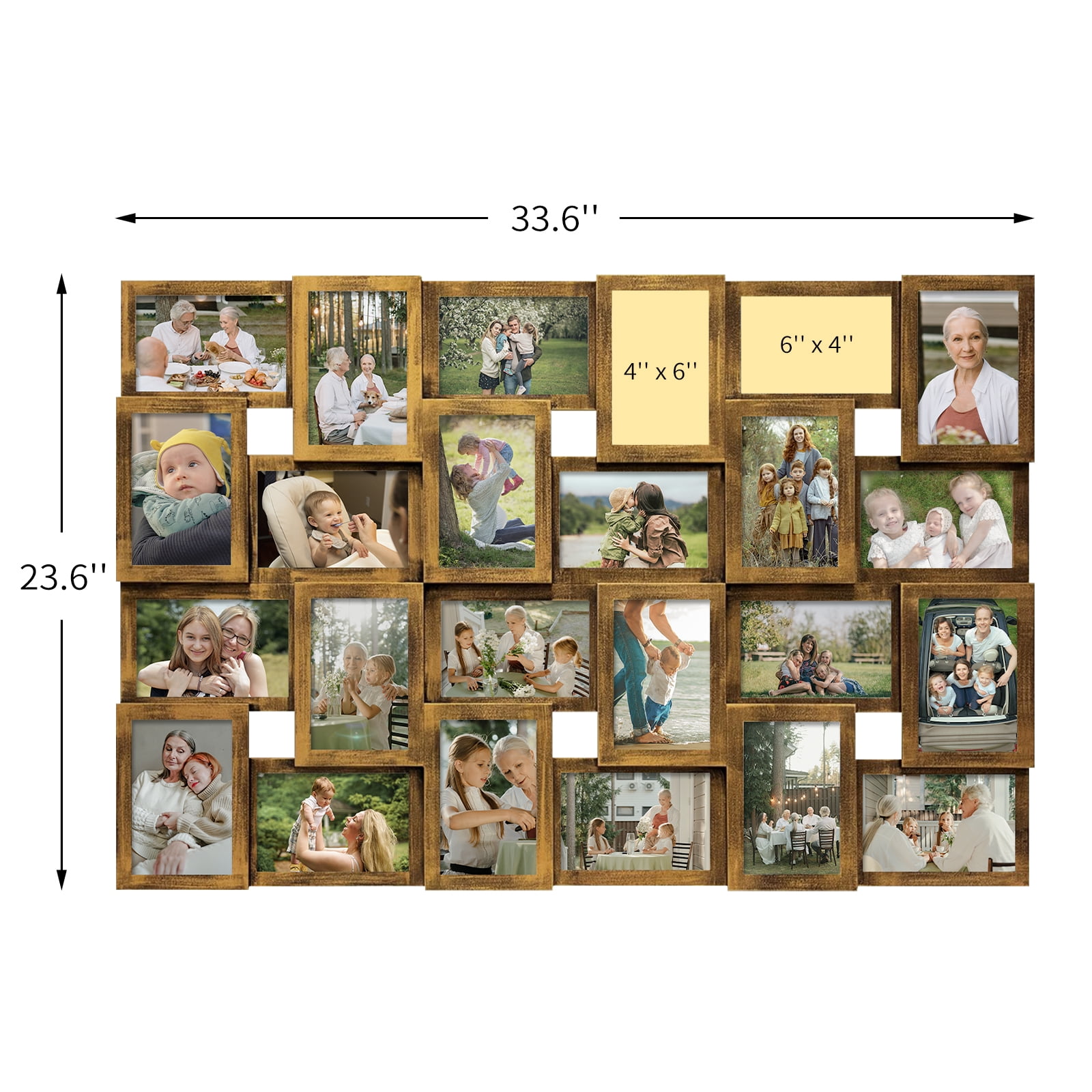 Hello Laura Rustic 24-Socket Retro Gold Collage Photo Frame 4 x 6 Pictures with Large Family and Friend Decor