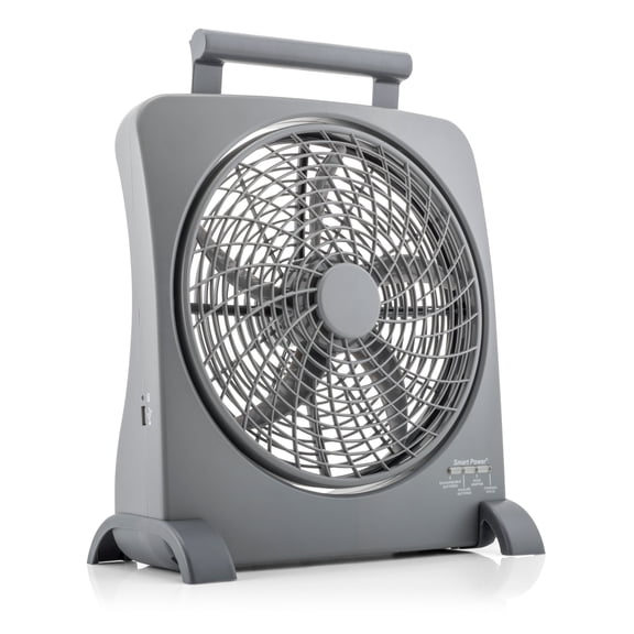 Treva 10 inch Rechargeable Portable Fan Smart Power Air Circulator. Plug-In AC Adapter and Battery Powered, USB Charging Port, For Camping, Travel and Indoors Use