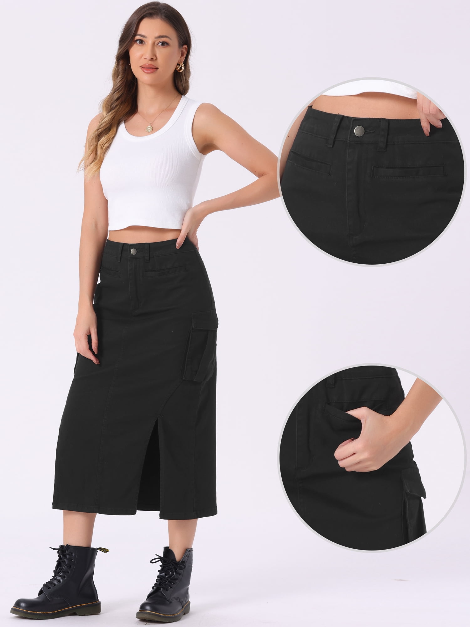 DARING DIVA Women's High Waist Split Hem Midi Denim Cargo Skirt M Black