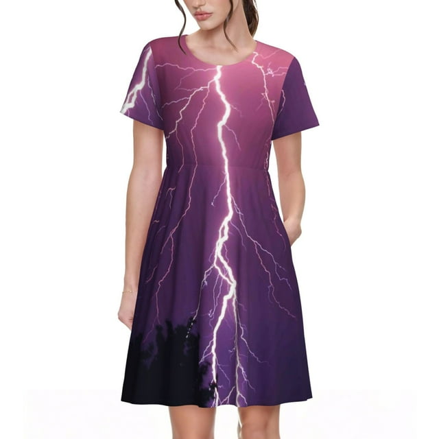 Saiise Motif Orage Violet Violet Robes d'Été pour Femmes T-Shirt Décontracté Manches Courtes Robe de Plage avec Poches