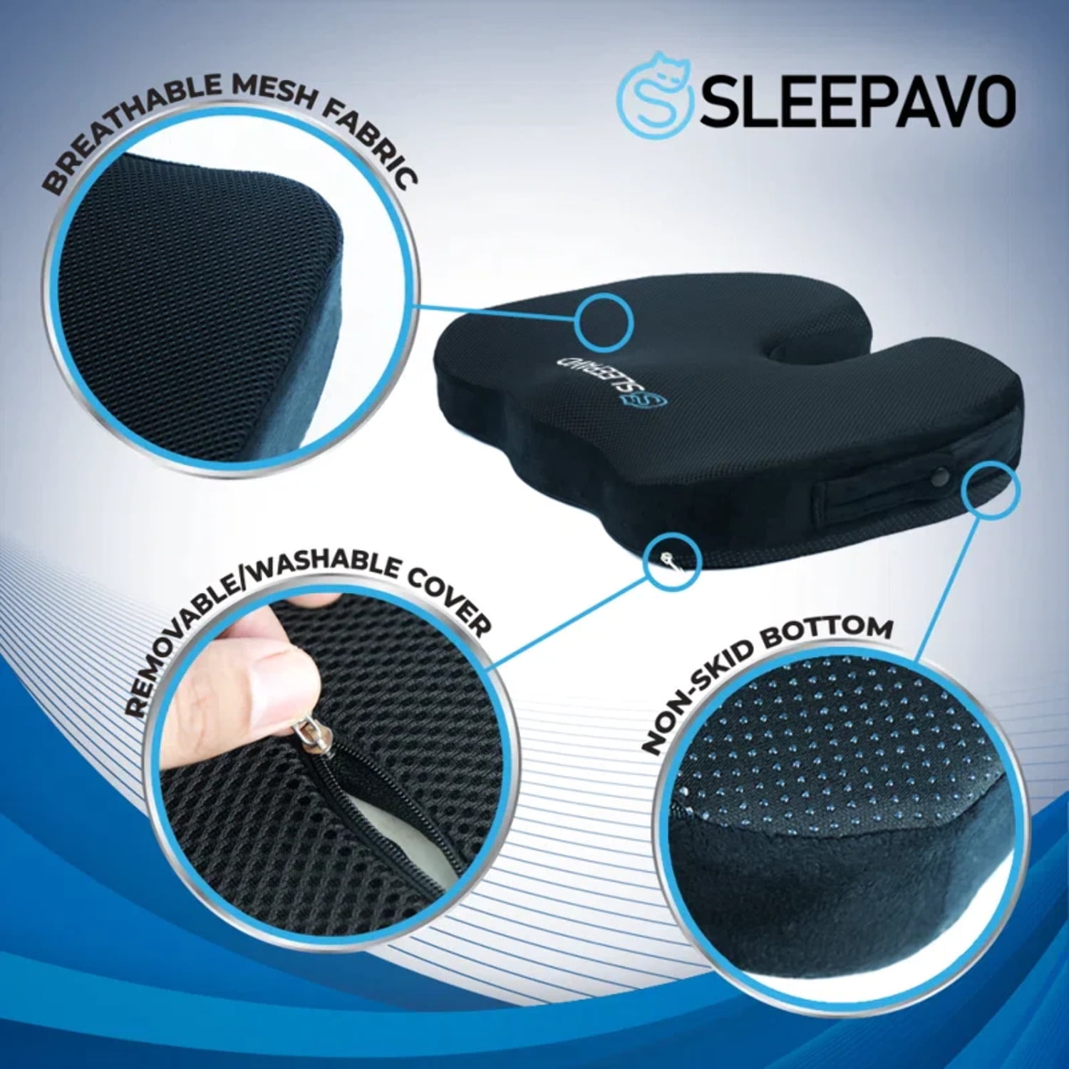 Sleepavo Memory Foam Seat Cushion & Lower Back Pain Relief Padded