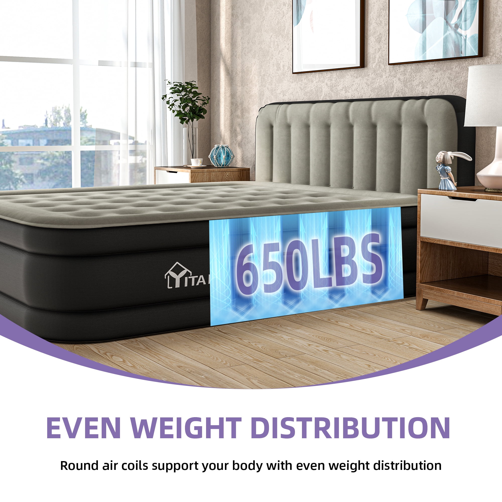 Uforic 18 Inch Queen Air Mattress with Built-in Pump, Flocked Top Inflatable Bed with Banded Headboard, Blow-Up Mattress for Home, Camping and Guests, Black