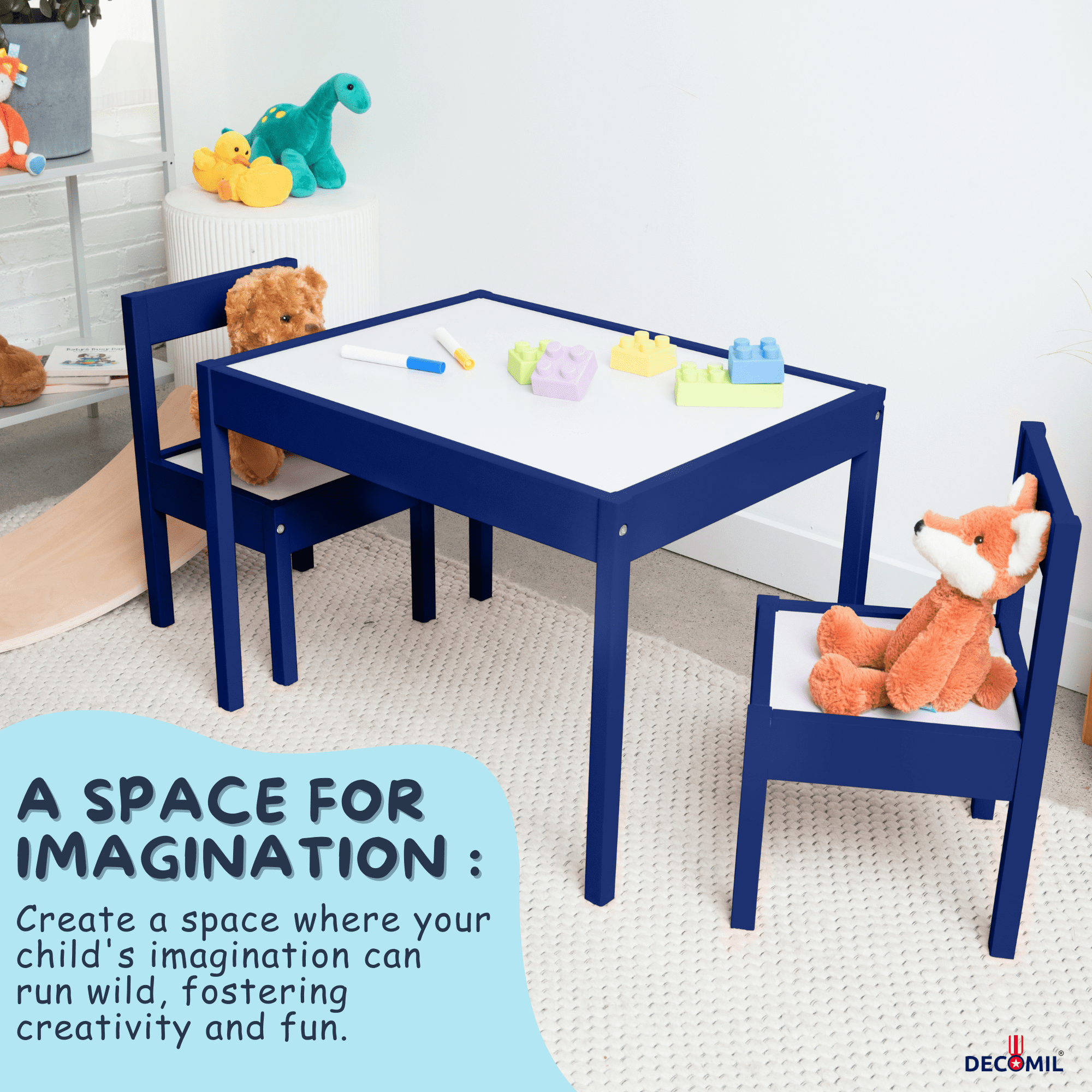 DECOMIL 3-Piece Kids Wooden Activity Table and Chair Set, Outdoor, Blue