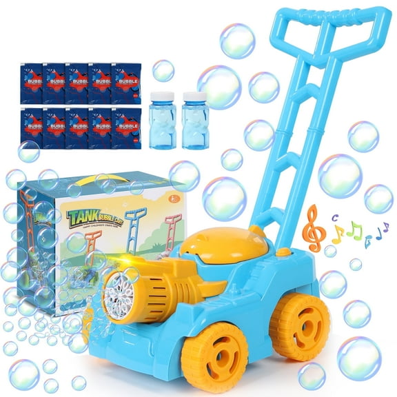 Wisairt Bubble Lawn Mower, Bubble Machine for Toddlers Kids, Outdoor Push Toy Gift for Preschool Boy Girl 3 , Blue & Yellow