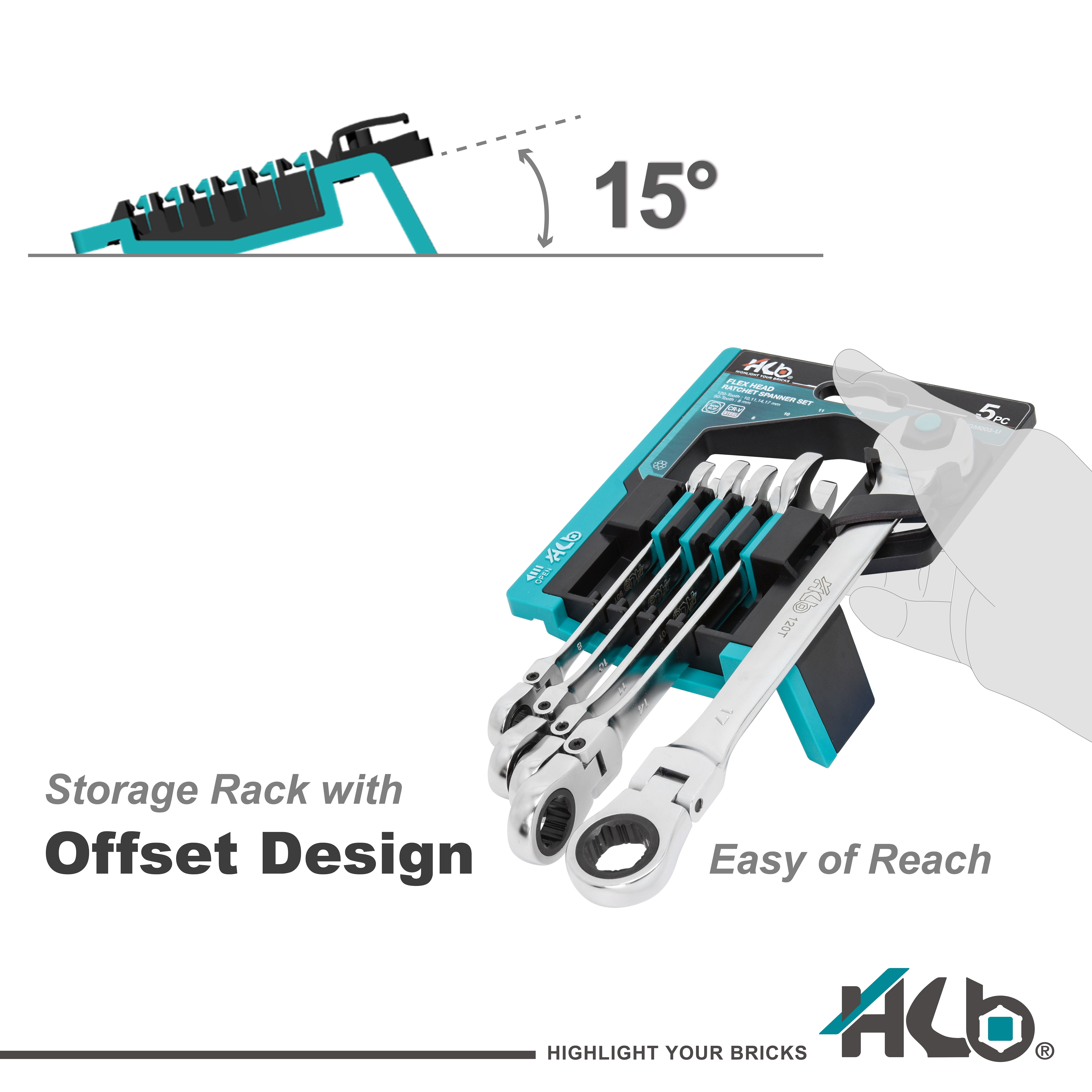 HB 5-Piece Ratchet Wrench Set WGM003-U | 90T & 120T Non-Slip Flex Head 180° Reversible Metric Wrenches 8–17mm Patented Grip Plus Rounded Bolt Remover Storage Rack Made in Taiwan