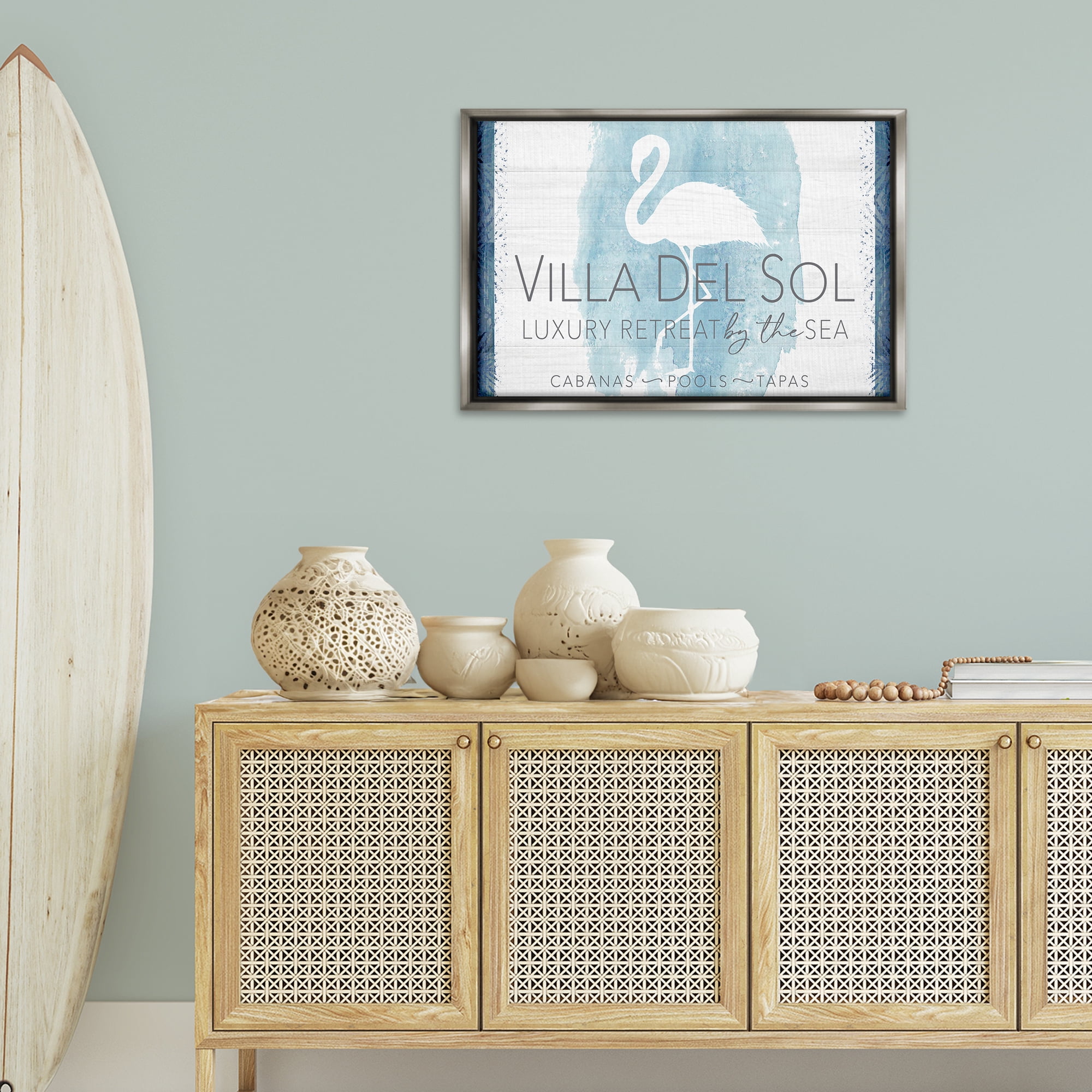 Stupell Industries Beach Retreat Flamingo Sign Nautical & Beach Painting Gray Floater Framed Canvas Art Print Wall Art, 31 x 21