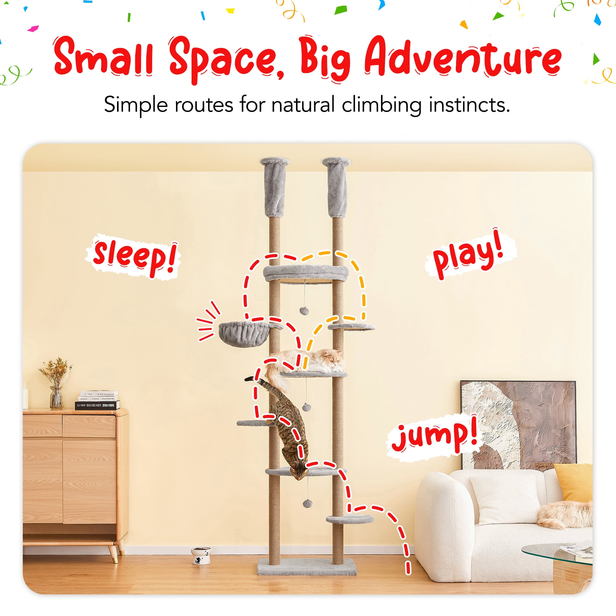 Furcato 92.1"-101.6" Adjustable Height Cat Tree, Floor to Ceiling Cat Tower, 7 Tiers Cat Climbing Tree with Hammock, Fully Sisal Scratching Posts for Indoor Cats, Light Grey