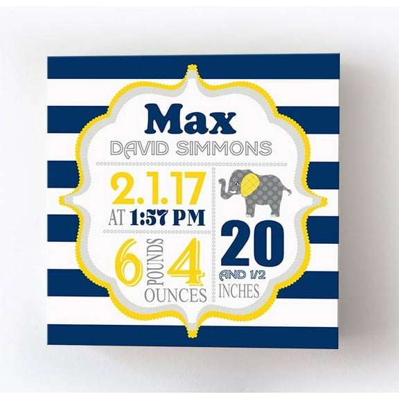 Personalized Canvas Birth Announcement Nursery Decor Gift, Safari Elephant Design, Custom Name, Date, Weight & Length, Unique Boys & Girls Baby Shower Wall Art Presents, Color Navy # 1, Size - 10x10
