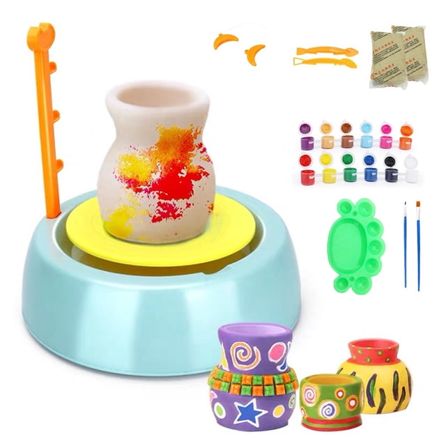Juego de máquina de cerámica para niños con herramientas DIY sin horno - Incluye torno eléctrico para arcilla en color menta (requiere 2 pilas D no incluidas) - Ideal para manualidades escolares