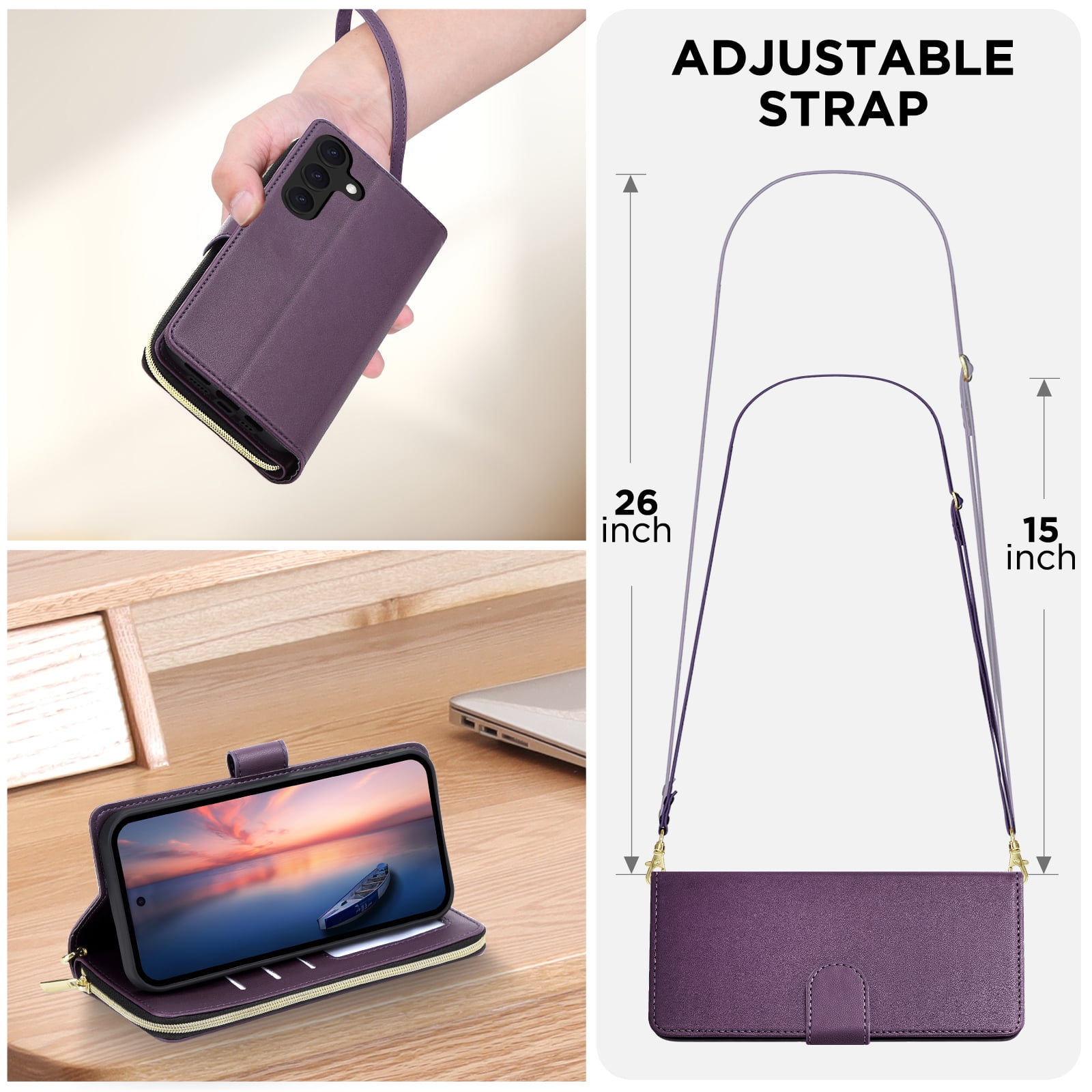 for Samsung Galaxy S25 FE Crossbody Wallet Case with 9 Card Holders, Cash Slot, Photo Slot, Zipper Pocket PU Leather Magnetic Snap Wallet Phone Case with Flip Stand & Wrist Strap & Lanyard,Darkpurple