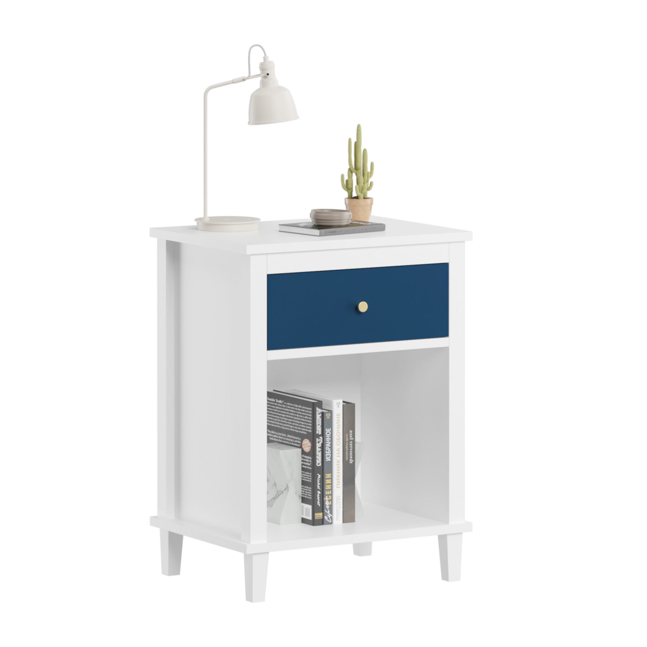 Noble House 26.8" Kids and Adults Wooden Nightstand, 1-Drawer  Bedside Table with Shelf, Silver Handle, White & Navy