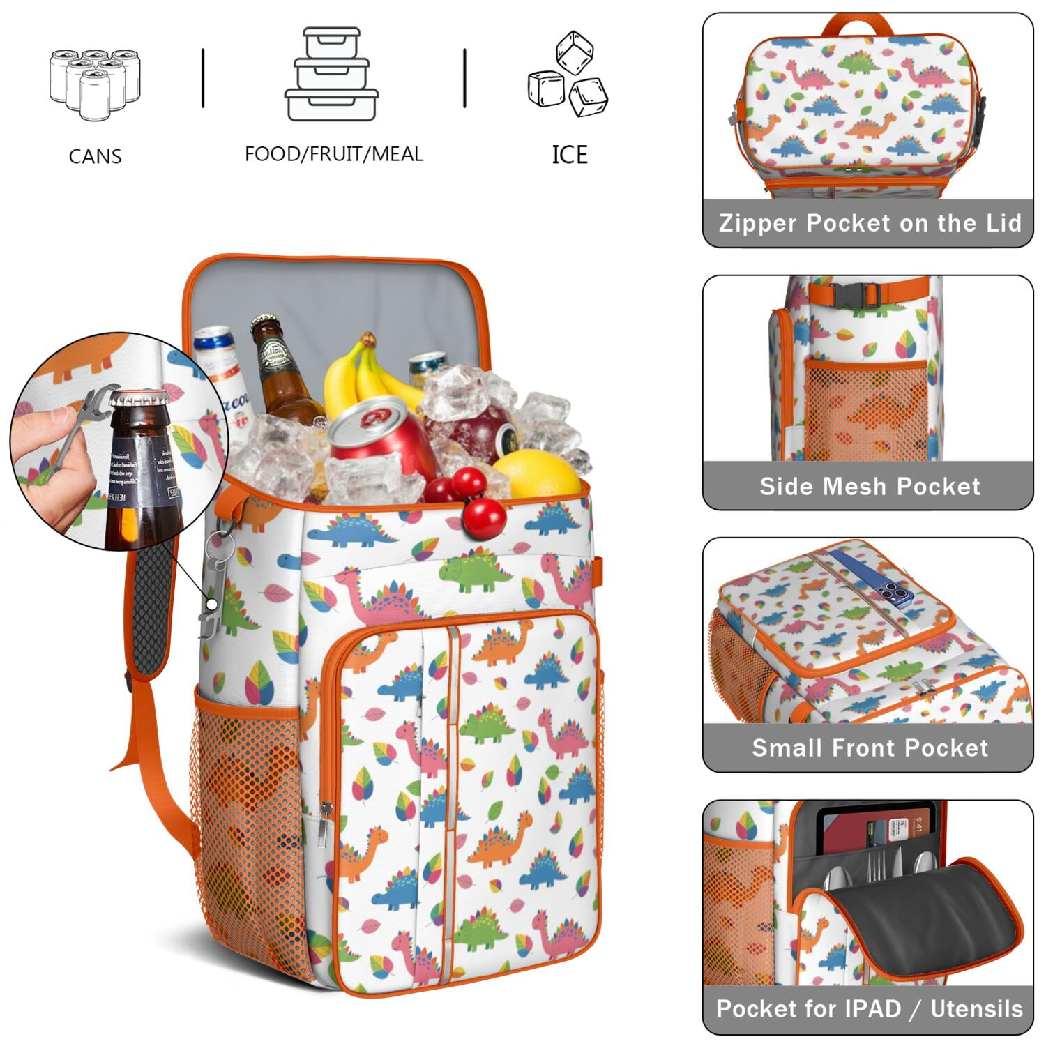 Travel Cooler Bag - White Dinosaurs Colorful Leaves Pattern Camping Beer Cooler Backpack with Bottle Opener- Waterproof Insulated Picnic Backpacks - Cooler Bag for Beach