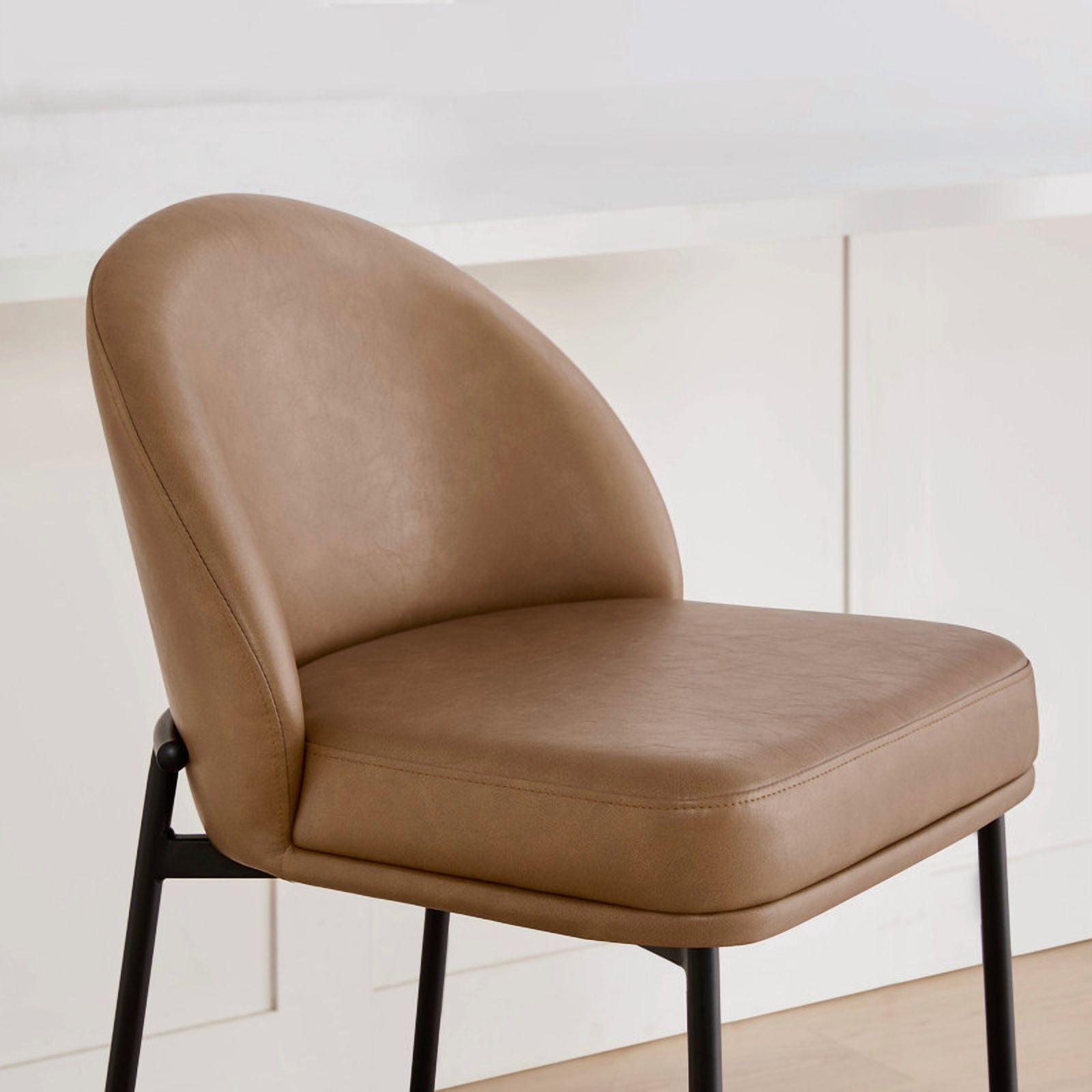 Spruce & Spring Modern Counter Bar Stool with Metal Arc Backrest and Upholstered Seat Set of 2, Saddle Brown with Black Legs
