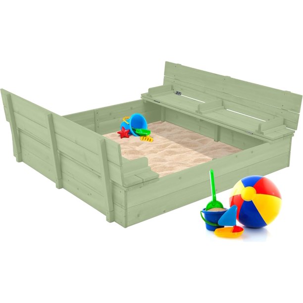 Songqin Large Outdoor Wooden Sand Box for Kids, Sandbox with Cover, Bench Seats Support up to 220 lbs, Bottom Liner for Drainage, Cedar Wood - Sage