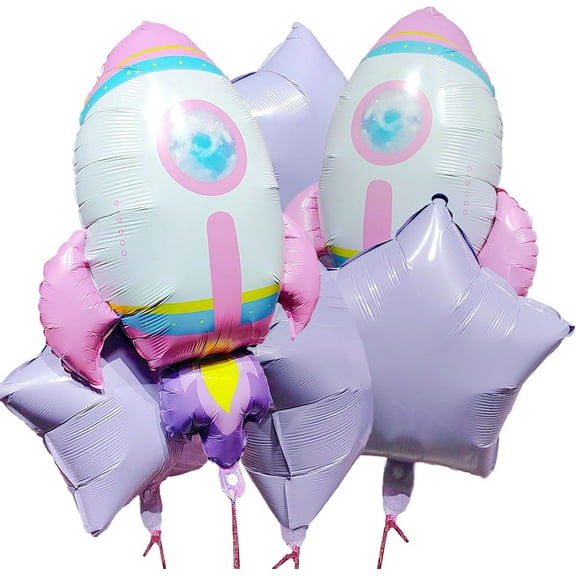 CYMYLAR 8pcs Pink Space Rocket Star Foil Balloon for Kids Birthday Space Galactic Party Decoration