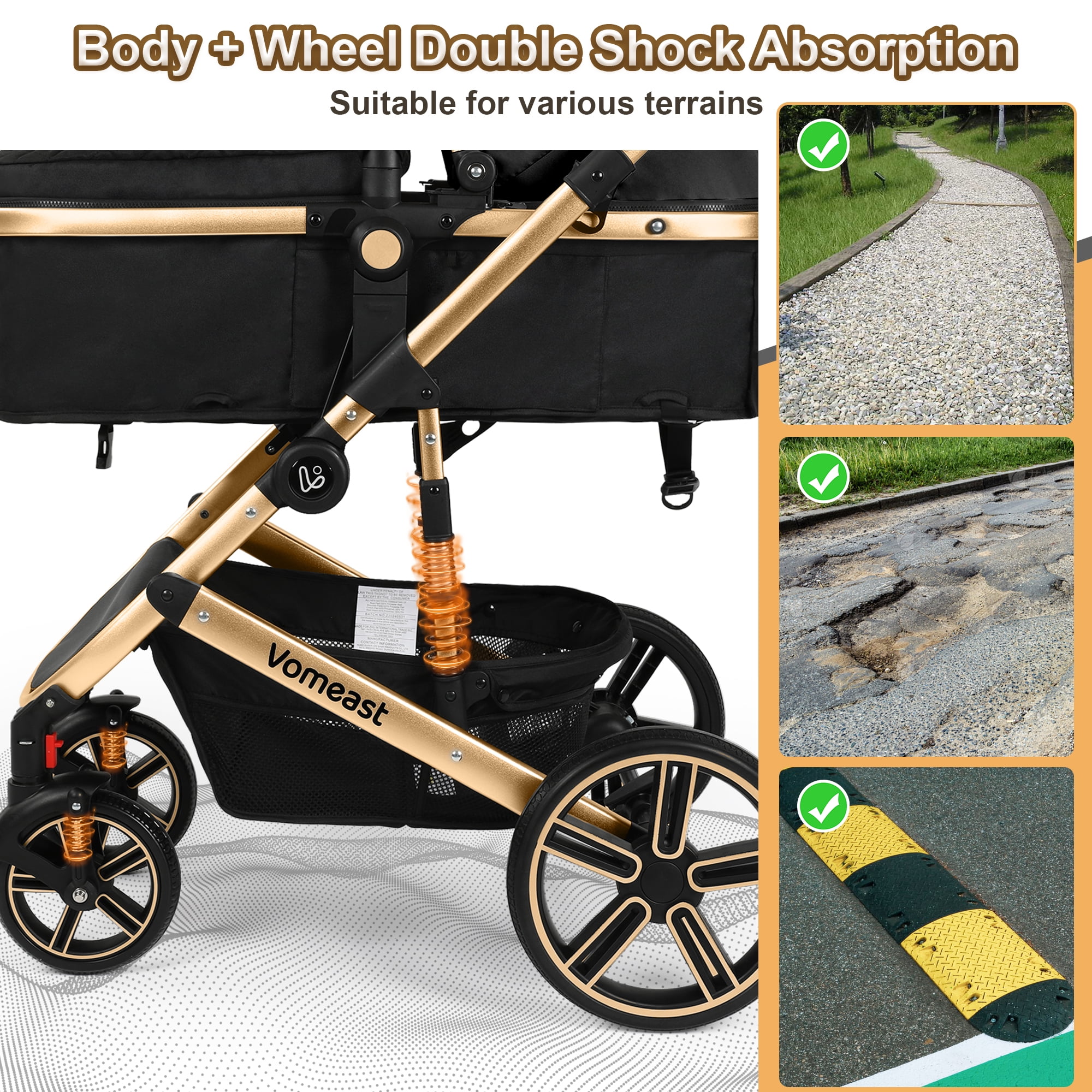 Vomeast Baby Stroller, Foldable Aluminum Alloy Stroller with Reversible, Travel Stroller for Newborn Infant, Black
