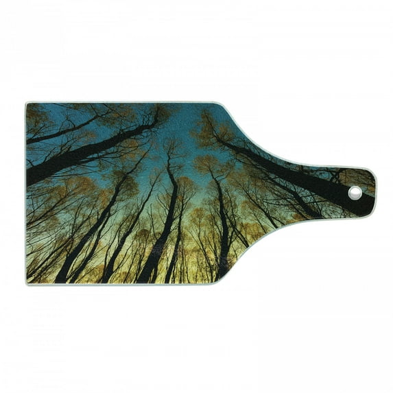 Forest Cutting Board, Rural Scenery with Trees Reaching out to Sky at Sunrise Nature Pastoral Image, Tempered Glass Cutting and Serving Board, Wine Bottle Shape, Yellow Blue Black, by Ambesonne