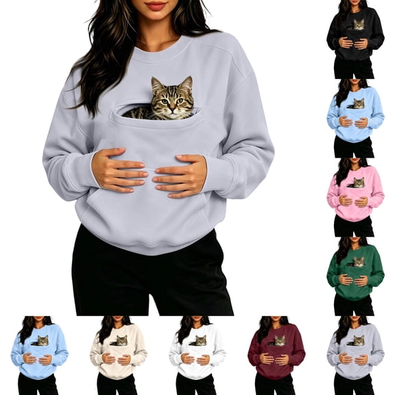 UDAUDU Cat Pouch Hoodie for Women Kangaroo Pocket Dog Pouch Sweatshirts Pet Carrier Fall Winter Pullover Animal Holder Long Sleeve Tops Gray 2XL