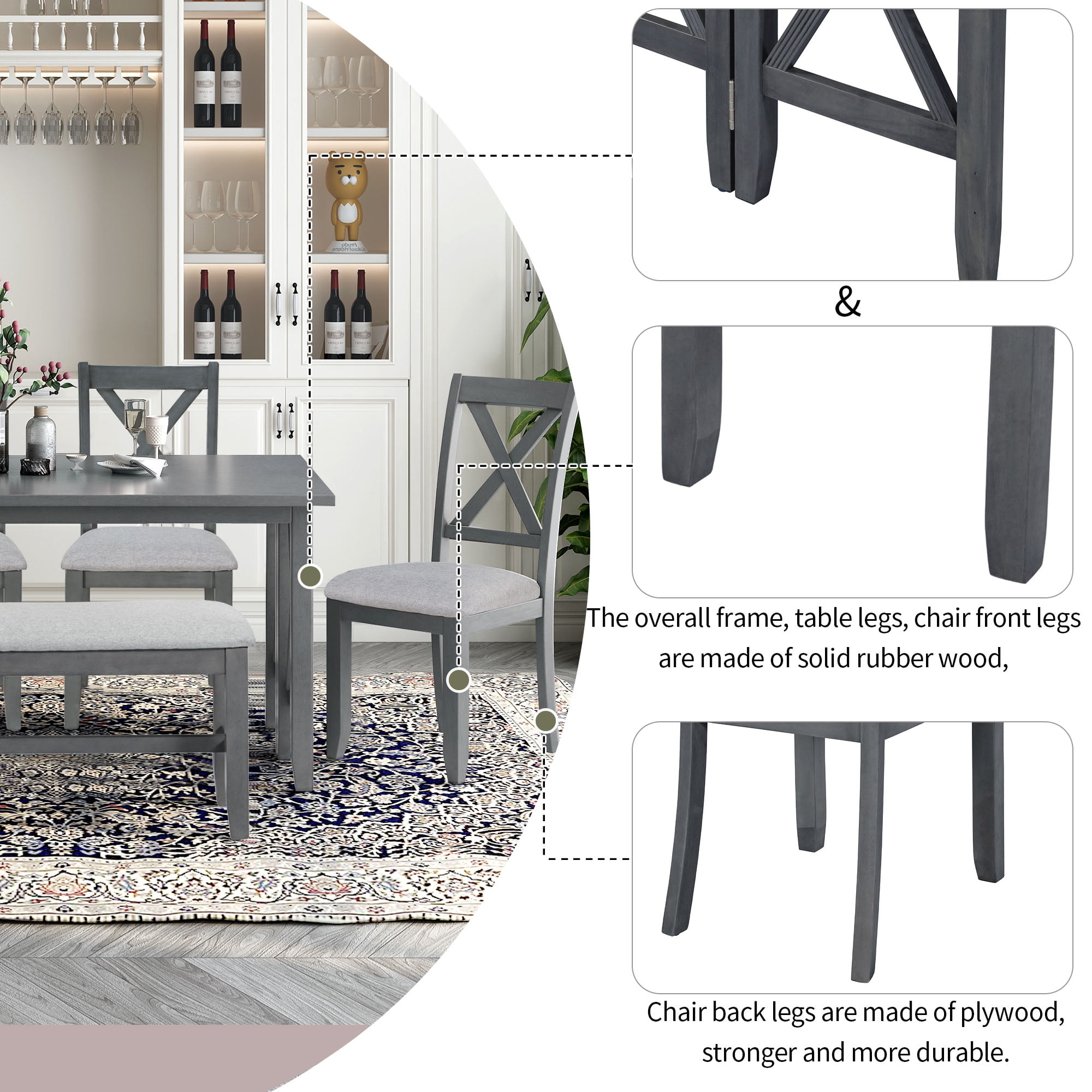 Howcool 6-Piece Solid Wood Dining Set, Space Saving Foldable Table, 4 Chairs & Bench, Gray