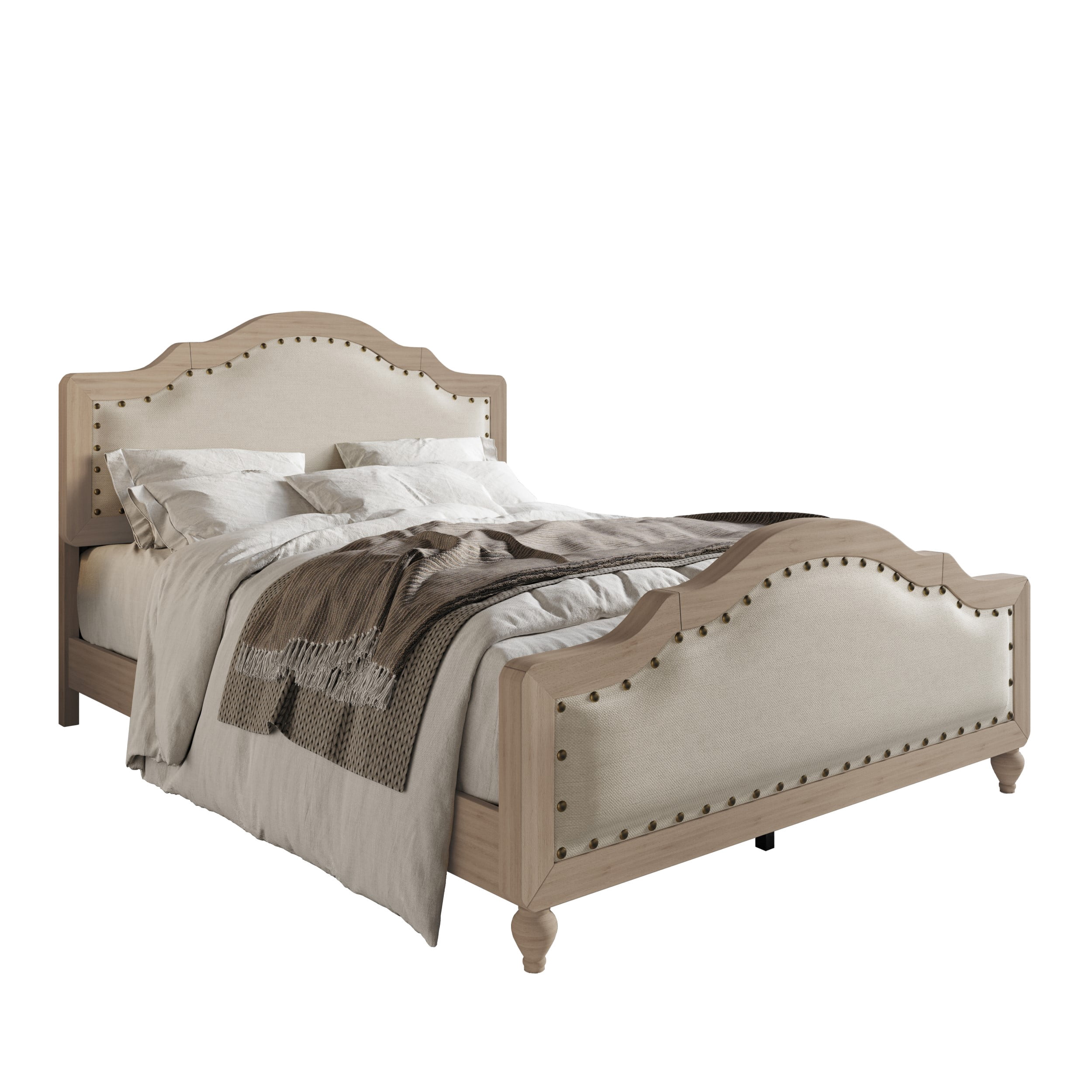 Home Design Hilton Queen Platform Bed Frame with Foam-Padded Headboard and Nailhead Trim, Antique Gray/Warm Gray, Easy Assembly