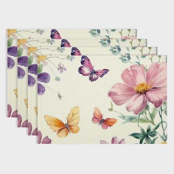 Pratyus Flowers Butterflies Linen Table Mats, Set of 4 Hard Paper Placemats for Birthday Parties, Christmas Restaurants, Buffets & Home Decoration 18x12in
