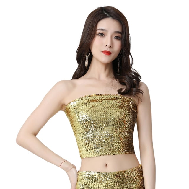 Top de tubo de lentejuelas Moda sin con hombros descubiertos Tank Crop Top de lentejuelas Top para Dorado Zulema Top tubo de danza del vientre