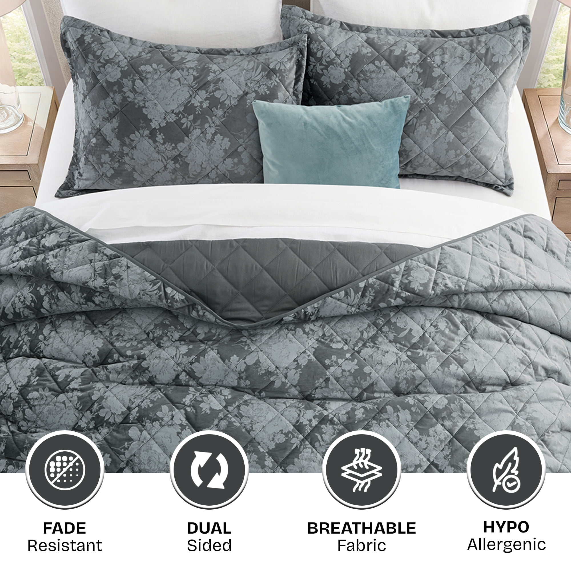 Ameha Luxury Velvet Quilt Floral Diamond Pattern 3-Piece Set Ultrasonic Embossed Bedding Set Ultra Soft Reversible Bedspread Queen Size Grey