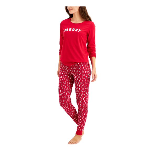 FAMILY PJs Sets Red Elastic Band Graphic Long Sleeve Crew Neck T-Shirt Cuffed Holiday Size L