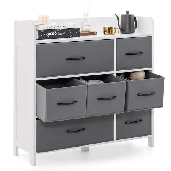 Costway 7-Drawer Dresser for Bedroom Chest of Drawers with 2 Large Fabric Bins White