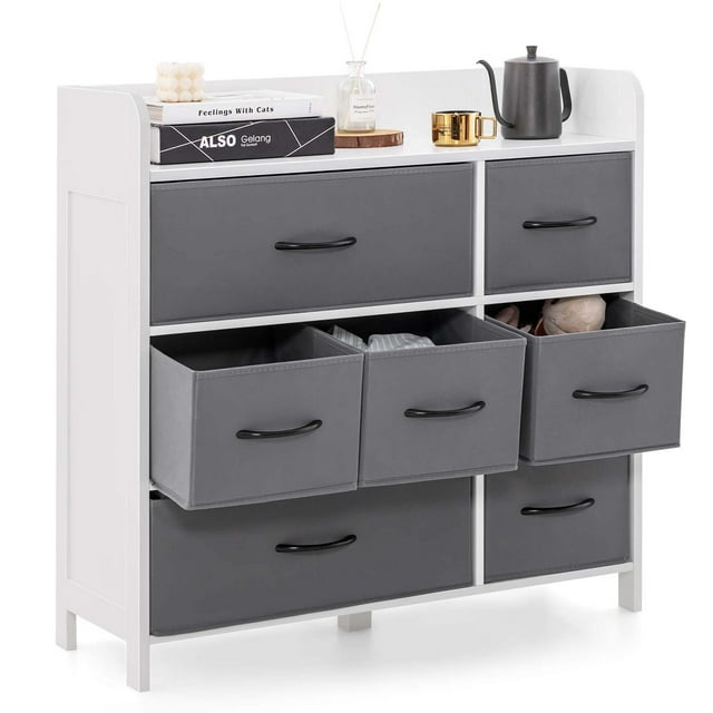 Costway 7-Drawer Dresser for Bedroom Chest of Drawers with 2 Large Fabric Bins White