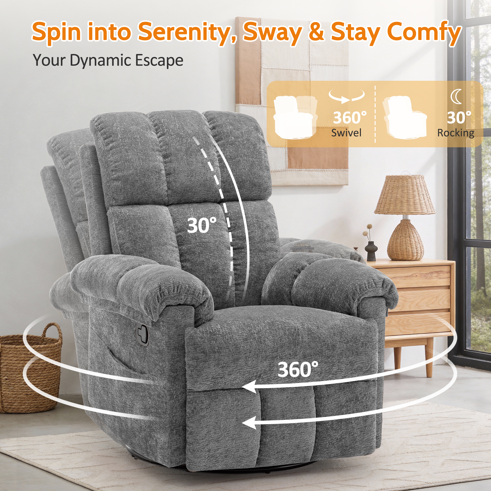 Korser Small Recliners for Small Spaces,Swivel Rocker Recliner Chair with Side Pockets for Living Room,Grey
